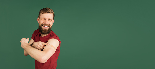 Image showing Caucasian man\'s portrait isolated over green studio background with copyspace