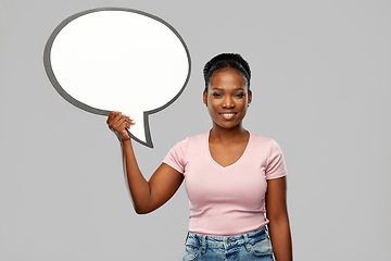 Image showing happy african american woman holding speech bubble