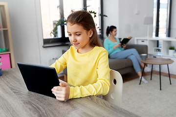 Image showing student girl with tablet pc and mother at home