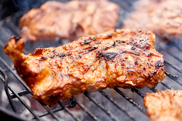 Image showing close up of barbecue meat roasting on grill