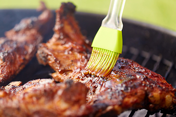 Image showing close up of barbecue meat roasting on grill