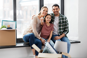 Image showing happy family with house keys moving to new home