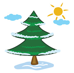 Image showing Clipart of a spruce tree and a rising sun on the winter season/ 