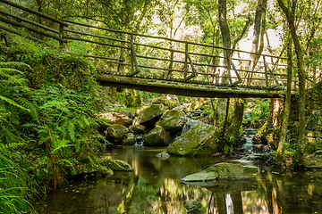 Image showing Wooden bridge near waterfall in Cabreia Portugal