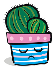 Image showing Cactus plant in a blue striped flower pot with sad face vector c