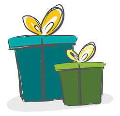 Image showing Two beautiful blue and green present boxes tied with ribbons and