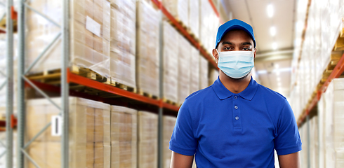 Image showing indian delivery man in medical mask at warehouse