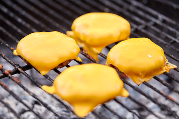 Image showing close up of meat cutlet with cheese on grill