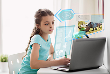 Image showing girl with laptop learning nature online at home