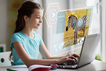 Image showing girl with laptop learning nature online at home