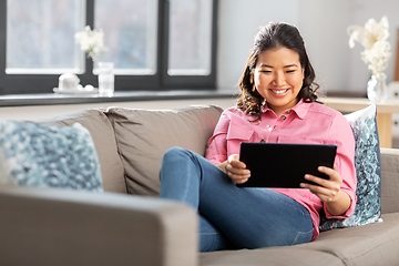 Image showing asian young woman with tablet pc computer at home