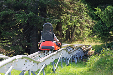 Image showing Little boy enjoying a summer fun roller alpine coaster ride