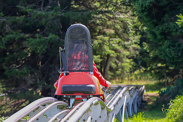 Image showing Little boy enjoying a summer fun roller alpine coaster ride