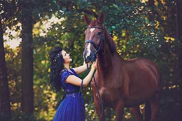 Image showing beautiful girl in dress with horse