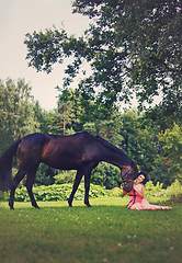 Image showing beautiful girl in dress with horse