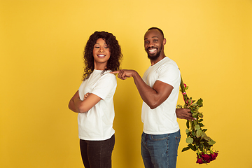 Image showing Valentine\'s day celebration, happy african-american couple isolated on yellow background