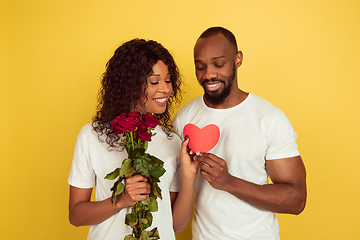 Image showing Valentine\'s day celebration, happy african-american couple isolated on yellow background