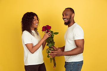 Image showing Valentine\'s day celebration, happy african-american couple isolated on yellow background