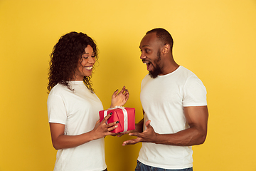 Image showing Valentine\'s day celebration, happy african-american couple isolated on yellow background