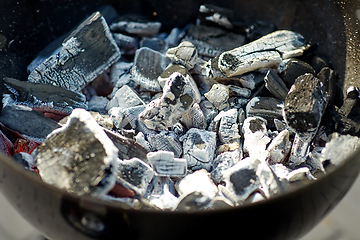 Image showing charcoal smoldering in brazier outdoors