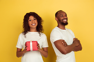 Image showing Valentine\'s day celebration, happy african-american couple isolated on yellow background