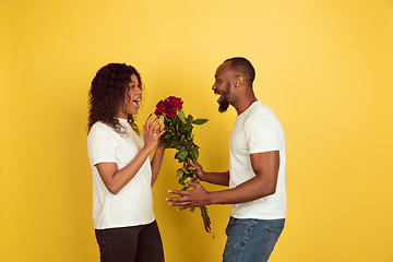 Image showing Valentine\'s day celebration, happy african-american couple isolated on yellow background