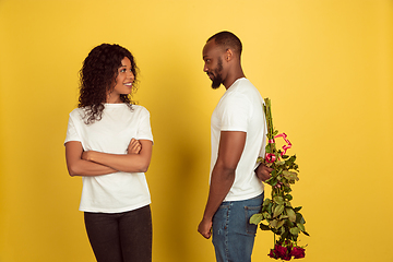 Image showing Valentine\'s day celebration, happy african-american couple isolated on yellow background