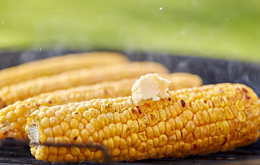 Image showing close up of corn with butter roasting on grill