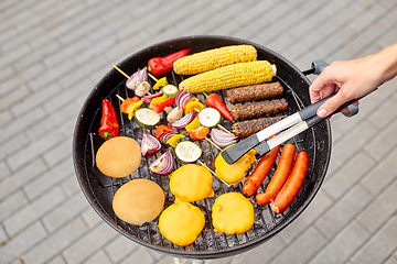 Image showing barbecue kebab meat and vegetables on grill