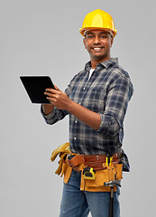 Image showing happy indian builder in helmet with tablet pc