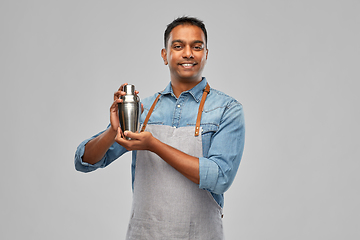 Image showing indian barman in apron with cocktail shaker