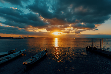 Image showing Bali beach with dramatic sky and sunset