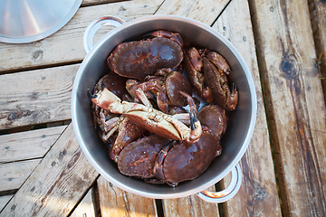 Image showing pan full of crabs on wooden table