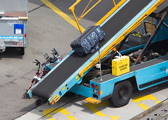 Image showing AMSTERDAM, NETHERLANDS - JUNE 29, 2017: Loading luggage in airpl