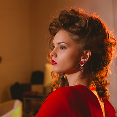 Image showing beautiful blonde woman with red lips and curly hairs