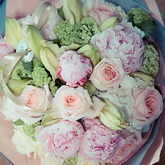 Image showing beautiful modern wedding bouquet on white table