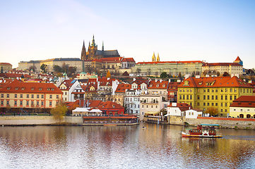 Image showing Prague Castle, Vltava river boat