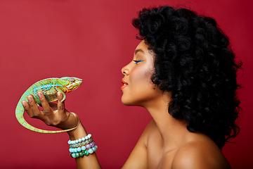 Image showing beautiful girl with chameleon