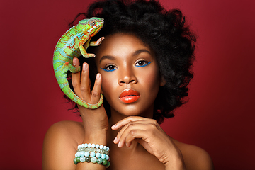 Image showing beautiful girl with chameleon