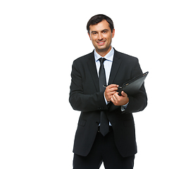 Image showing handsome businessman in suit with tablet