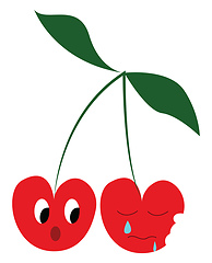 Image showing Two cherry fruits emoji hang from a branch one is astonished to 