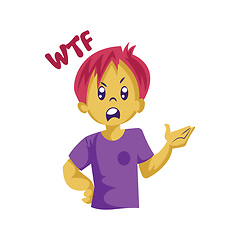 Image showing Angry boy with pink hair saying WTF vector sticker illustration 