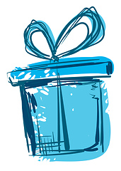 Image showing Painting of a blue present box wrapped in decorative paper tied 