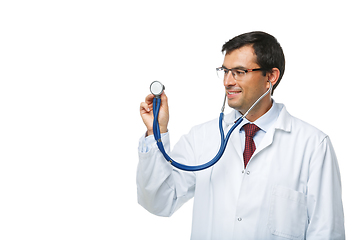 Image showing doctor in white robe with stethoscope