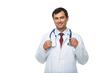 Image showing doctor in white robe with stethoscope