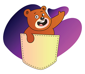 Image showing Brown bear waving from a pocket vector illustration in purple bl