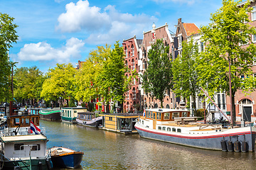 Image showing Amsterdam canals and  boats, Holland, Netherlands.