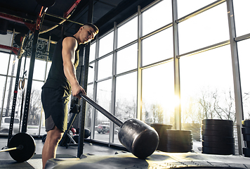 Image showing The male athlete training hard in the gym. Fitness and healthy life concept.