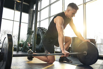 Image showing The male athlete training hard in the gym. Fitness and healthy life concept.