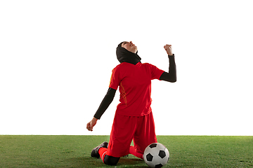 Image showing Arabian female soccer or football player isolated on white studio background